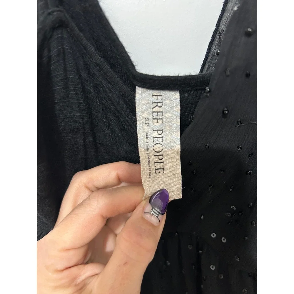 Free People‎ Black Sequin One Shoulder Babydoll Top S P
